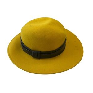 Fedoria 100% Wool Fedora Hat‎ Yellow Wide Brim Black Band Fashion Statement